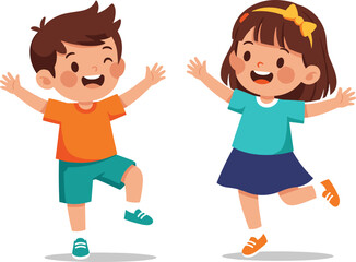 Cartoon kids jumping with joy, cheerful boy and girl in colorful clothes, energetic and happy children having fun.