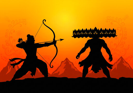 Lord Rama and Ravana silhouettes art against an orange and yellow gradient background. Concept dussehra festival theme.
