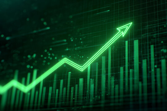Green arrow going up over chart, showing a business profit or increase in value on dark background