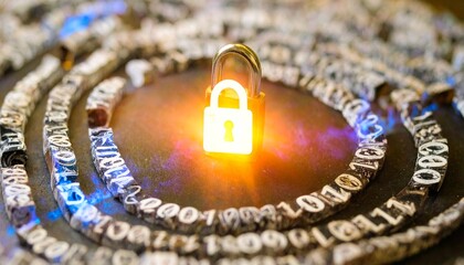 Glowing padlock on a spiral of binary code symbolizing digital security and data protection