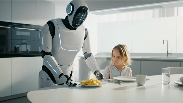Domestic robot serving meal to child in futuristic kitchen