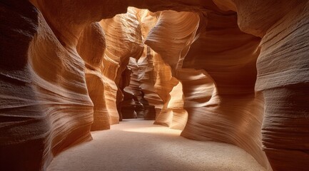 Sunlit sandstone slot canyon,  deep within.  Sunlight streams through  natural arches, illuminating  a  narrow passageway