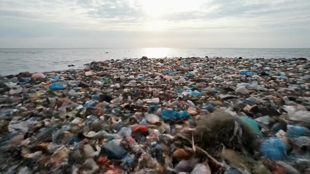 Large mass of plastic waste floating on ocean surface