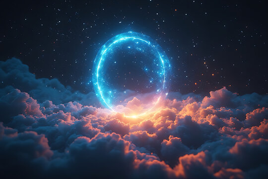 Glowing Neon Ring Above Clouds Under Starry Night Sky
