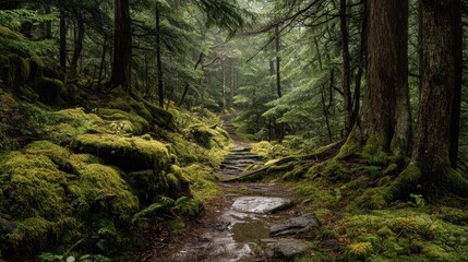 Fototapeta premium Tranquil Moss-Covered Trail Through Lush Green Forest Landscape