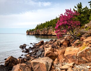 Lakeside rocks and a vibrant pink tree