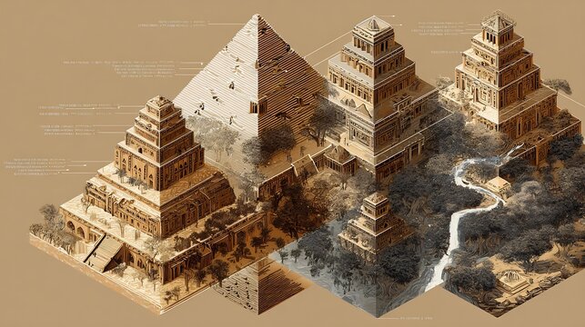 Rise and fall of ancient Mesopotamian cities vector sequence art with ziggurats