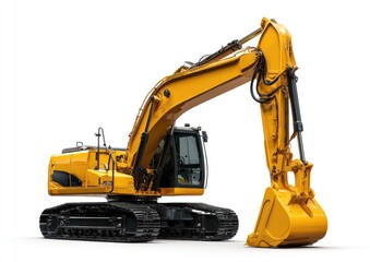 Yellow excavator, front view, isolated
