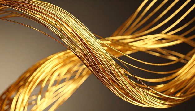 Close-up of numerous thin, shiny golden metallic wires or strands intricately intertwined against a soft gradient background, creating an abstract pattern. - Powered by Adobe