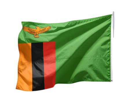 Zambia Flag on Metal Pole with Shiny Silver Cap, Angled Perspective, Isolated on Transparent Background