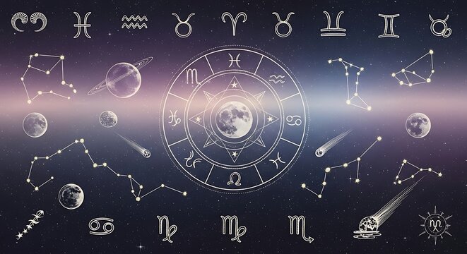 Zodiac Constellations and Celestial Wheel Illustration.