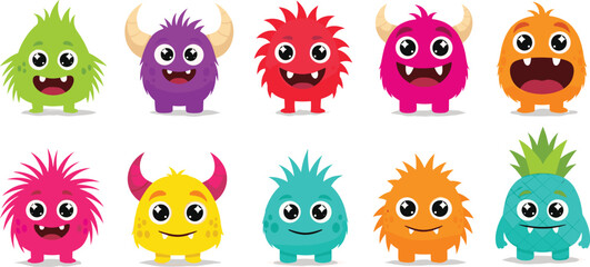 Colorful and cute cartoon monsters in various shapes, sizes, and expressions, including green, purple, yellow, orange, and pineapple designs.