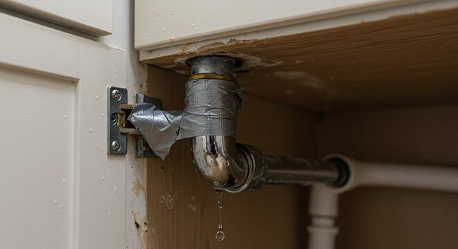 Urgent plumbing leak under kitchen sink with duct tape fix needing immediate professional attention now