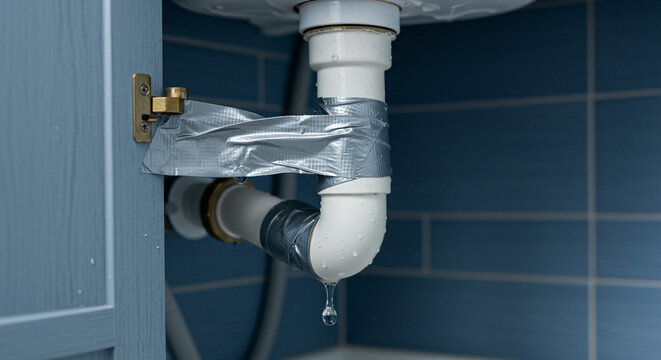 Leaky pipe dripping water is temporarily fixed with duct tape in a homeowner repair situation