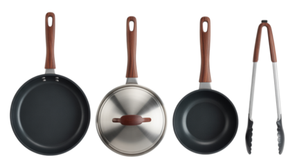Modern kitchen essential cookware set featuring sleek frying pans with wooden handles and professional serving tongs, perfect for culinary content and home cooking inspiration.