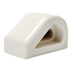 Close up of a single white plastic automotive door latch striker plate with a curved opening isolated on transparent background