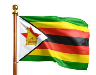 Zimbabwe Flag on Classic Wooden Pole with Golden Finial, Angled Side View, Isolated on Transparent Background