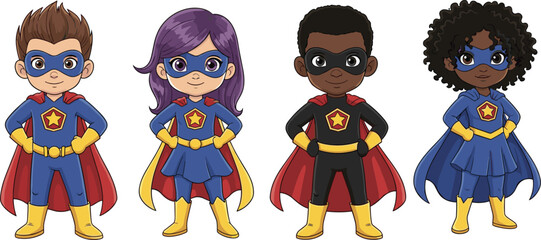 Colorful superhero kids with capes, masks, and star logos, diverse group of children dressed as superheroes, team of heroes.
