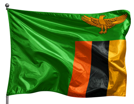 Zambia National Flag Waving in the Breeze with Fabric Folds, Isolated on Transparent Background
