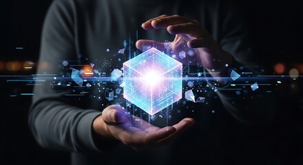 Person holding a glowing cube made of digital connections and data