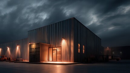 Fototapeta premium Warehouse at Dusk with Glowing Lights Amidst Dramatic Skies