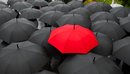 A single red umbrella stands out vividly against a sea of black, embodying the spirit of individuality, uniqueness, and the power of being different