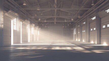 Obraz premium Spacious Warehouse Interior with Open Garage Doors and Light Rays
