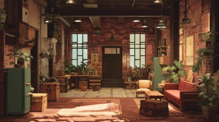 Fototapeta premium Vintage Warehouse Interior with Warm Tones and Greenery Accents