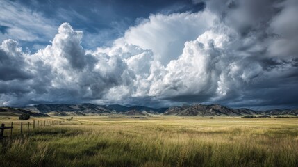 Vast Prairie Landscape Under Dramatic Cloudy Sky with Mountains