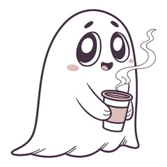 Cute cartoon ghost holding a cup of hot beverage with steam character kawaii