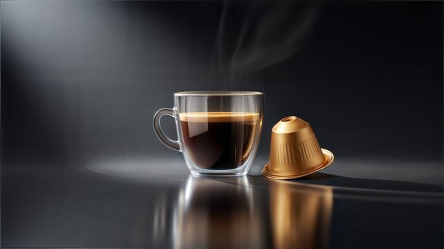 Steaming espresso cup with single golden coffee capsule. - Powered by Adobe