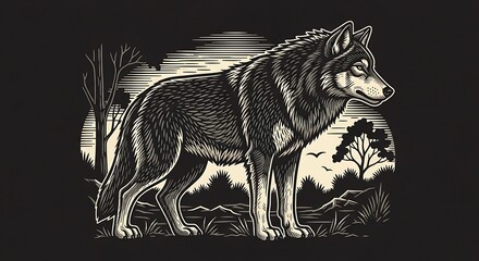 Fototapeta premium Vintage Wolf Illustration in Forest Clearing.