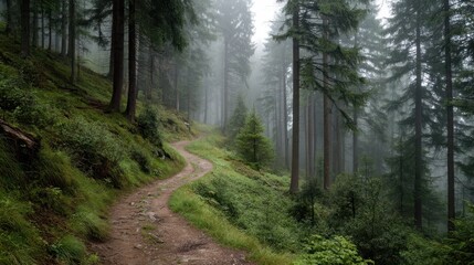 Fototapeta premium Winding Dirt Path Through Foggy Forest Landscape with Trees and Mist