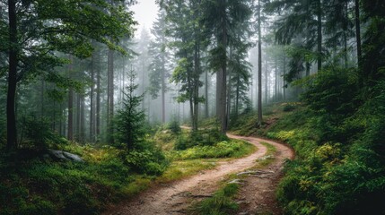 Fototapeta premium Winding Dirt Path Through Foggy Forest Surrounded by Tall Trees