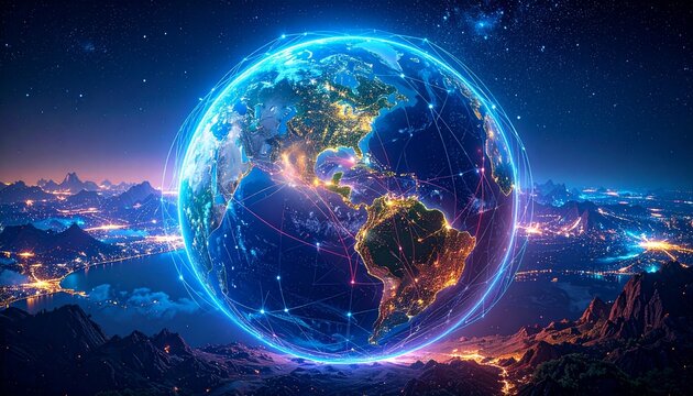 A radiant digital Earth at the core of an expansive global network, symbolizing advanced technology, interconnected communication, and the future of worldwide data exchange
