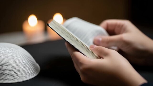 Hands Holding Holy Book Near Candles