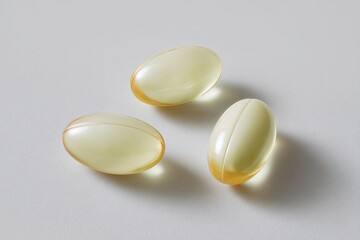 Three pale yellow, translucent capsules, slightly oval, sit on a plain light gray surface