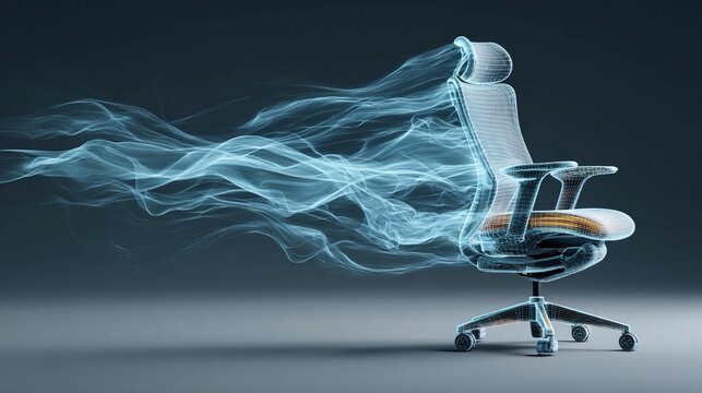 Isolated concept of frictionless office chair with dynamic suspension, posture sensing, and cooling channels floating on white for future ergonomic seating solutions