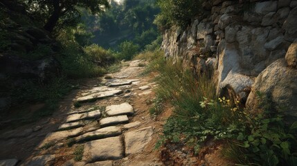 Fototapeta premium Worn Down Trail Through Ancient Battlefield Surrounded by Rich Nature