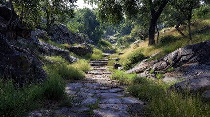 Obraz premium Worn Trail Through Ancient Terrain with Lush Greenery and Rocks