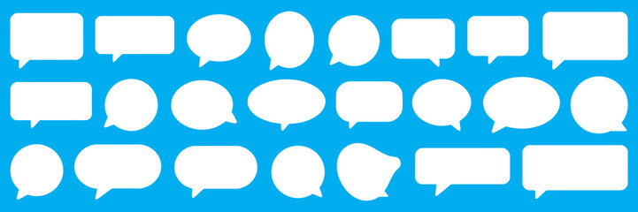 Collection of diverse white speech bubbles and thought bubbles on a vibrant blue background