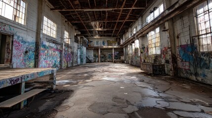 Abandoned Cold War Warehouse with Graffiti and Distressed Interior