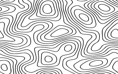 Abstract Black Topographic Contour Lines on a Minimal White Background Creating a Modern Geometric Map-Inspired Pattern.
