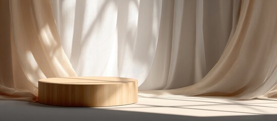 Wooden podium with sheer drapes. Sunlight casts soft shadows