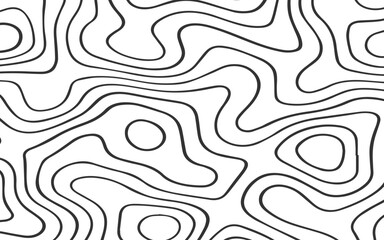 Abstract Black Topographic Contour Lines on a Minimal White Background Creating a Modern Geometric Map-Inspired Pattern.

