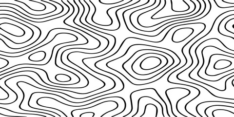 Abstract Black Topographic Contour Lines on a Minimal White Background Creating a Modern Geometric Map-Inspired Pattern.
