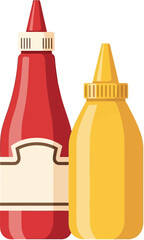 Ketchup and mustard bottles condiment duo fast food classic restaurant american food vector