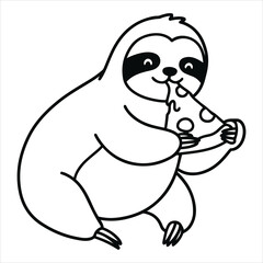 Cute cartoon sloth happily eating a slice of pepperoni pizza delicious fast food snack time