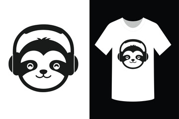 Cute sloth wearing headphones with t-shirt mockup for music lovers and casual wear © Mohon