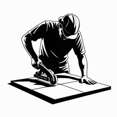 Construction worker laying tiles with a trowel and level